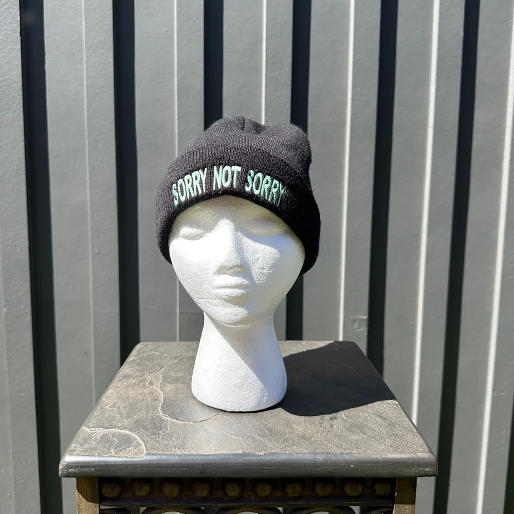“Sorry Not Sorry” Green Embroidered Black Beanie